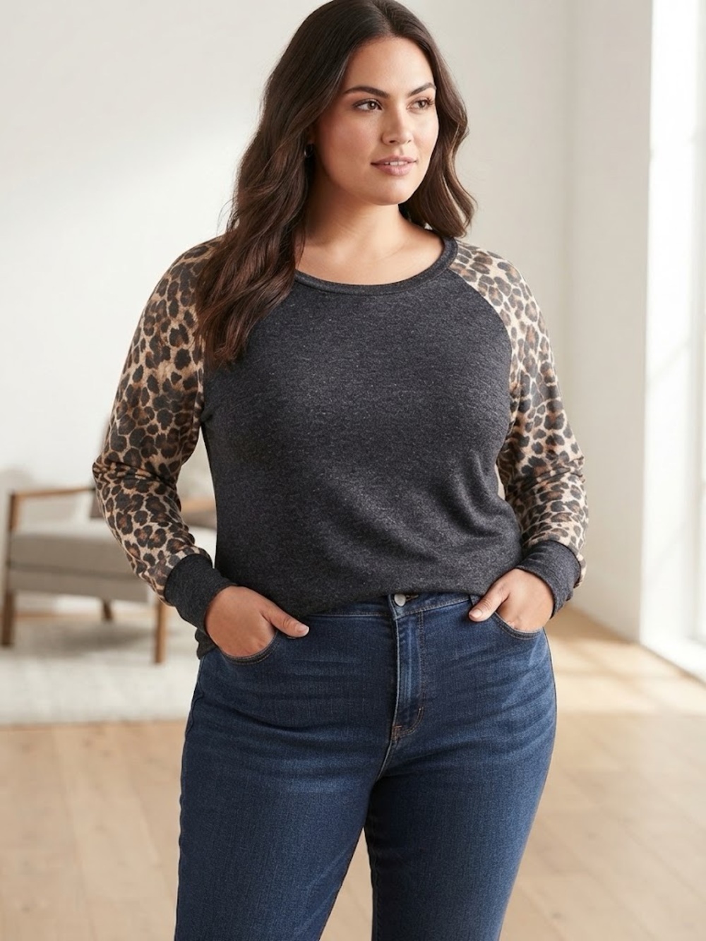 HEIMISH USA Charcoal Pullover with Leopard Print Sleeves